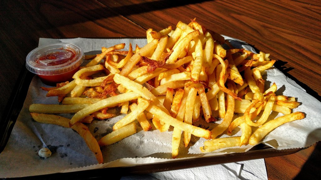 French fries on a tray from the Pittsburgh "O" in Oakland, the Original Hot Dog Shop